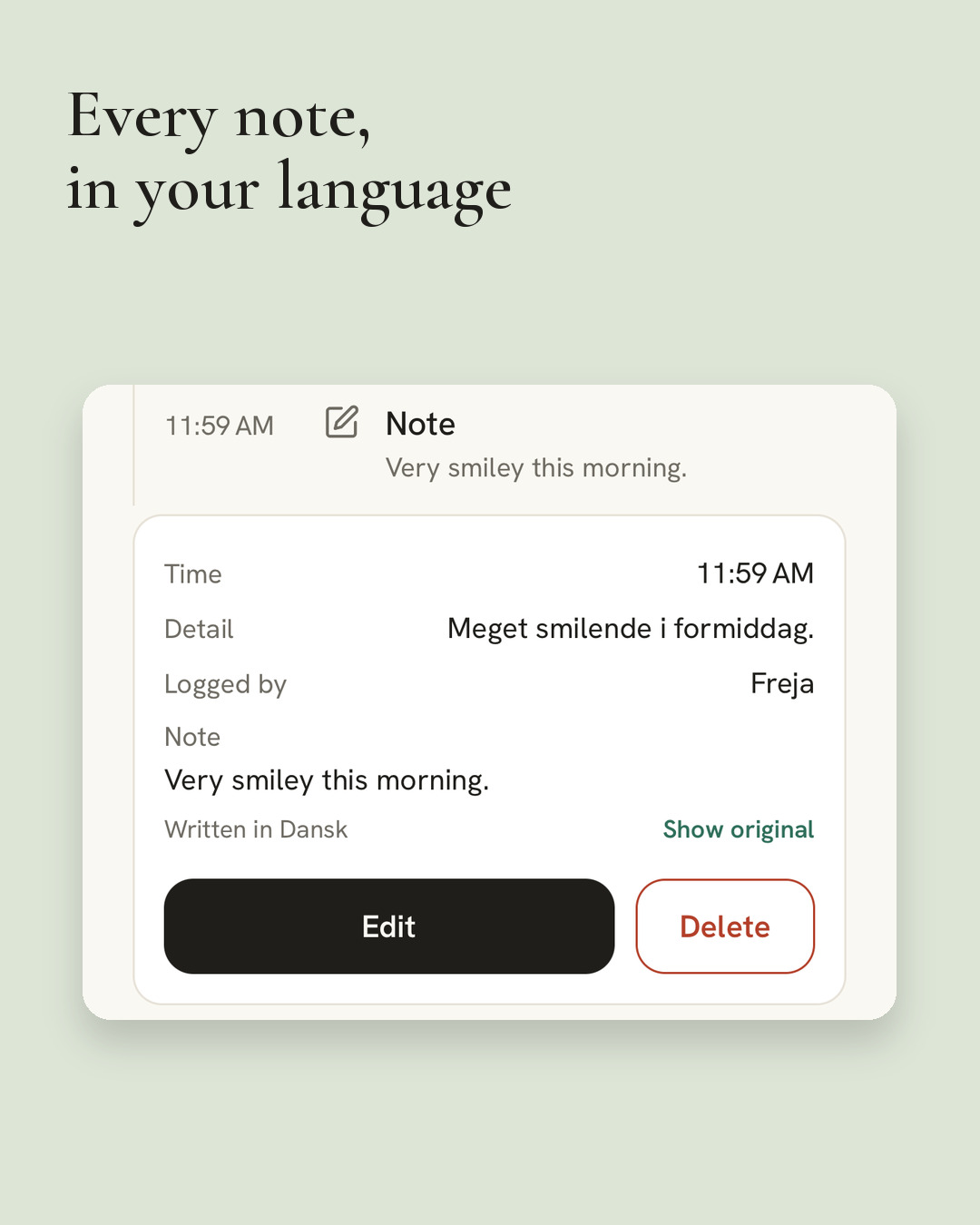A care note in moppet, logged by Freja. The detail she wrote in Danish sits above the note shown in English, "Very smiley this morning.", marked Written in Dansk, with a Show original link.